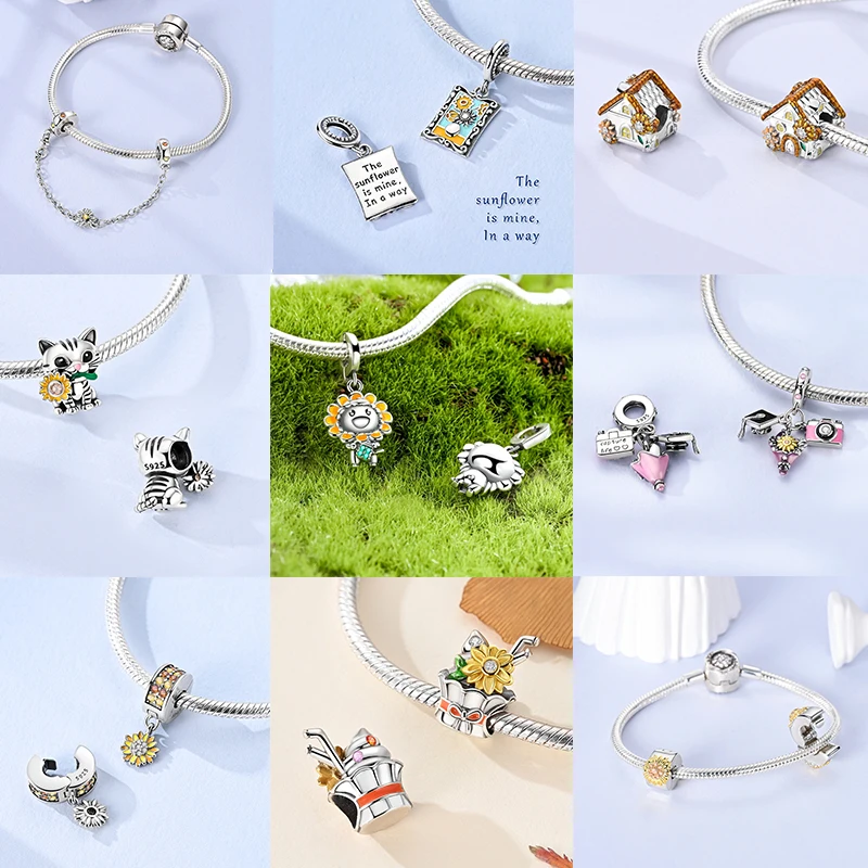 Katzen- und Sonnenblumen-Charm aus 925 Sterling Silber, gelbe Blume, Sonnenblume, Hausperlen, passend für Original-Armreifen, Damen-DIY-Schmuck – Detail 2