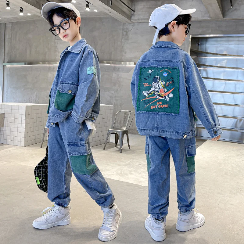 Boys Coat +Pants Kids Suits Cotton 2PCS/Set 2024 Blue Jean Spring Autumn Cotton Sport Teenagers Children Clothing