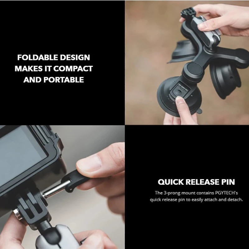 PGYTECH DJI 액션 3 트리플 컵 카메라 흡입 마운트, 1/4 인치 삼각형 흡입 컵, 자동차 홀더, 고프로 액세서리용 삼각대 어댑터