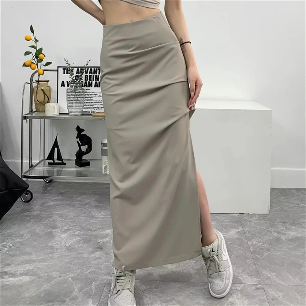 2024 Korean Sexy Side-slit Long Skirts for Women Summer Pure Hot sweet Female High Waist European Style Design Streetwear Skirt