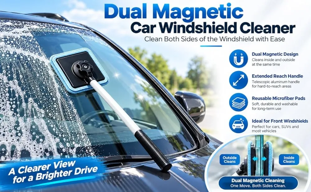 Windschutzscheibenreiniger mit ausziehbarem Griff, magnetischer Verriegelung, Glasreinigungsset, Auto-Fensterreinigungswerkzeug, abnehmbare Pads, streifenfrei – Detail 2