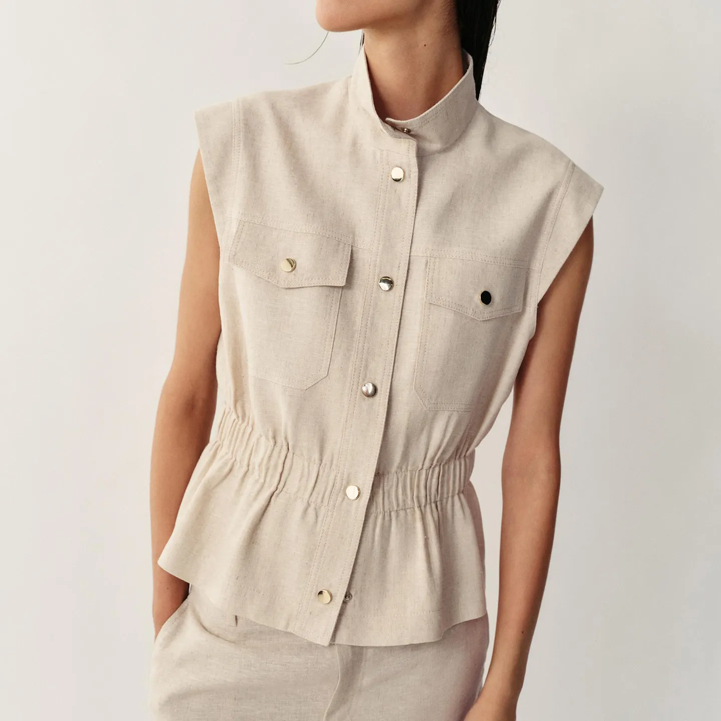 ZADATA Women's Fashion Set Autumn 2026 Sleeveless Stand Collar Vest with Pockets Button Design Bucket Pants Two-Piece Suit