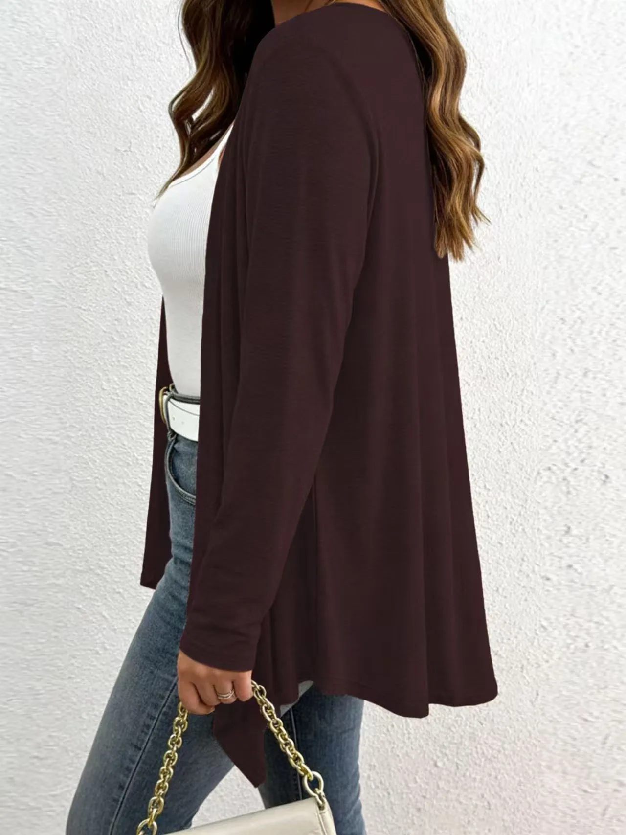 مقاس كبير للسيدات بأكمام طويلة بلون سادة، حاشية غير متماثلة، سترة كاجوال مفتوحة من الأمام، ملابس بمقاسات كبيرة #4