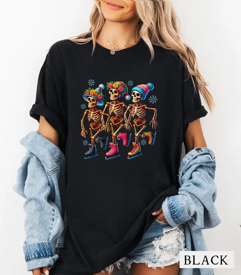 Dancing Skeletons Tee, Cute Ice Skating Skeletons, Day of The Dead Holiday Shirt Festive Skeletons Christmas Gift Man and Woman