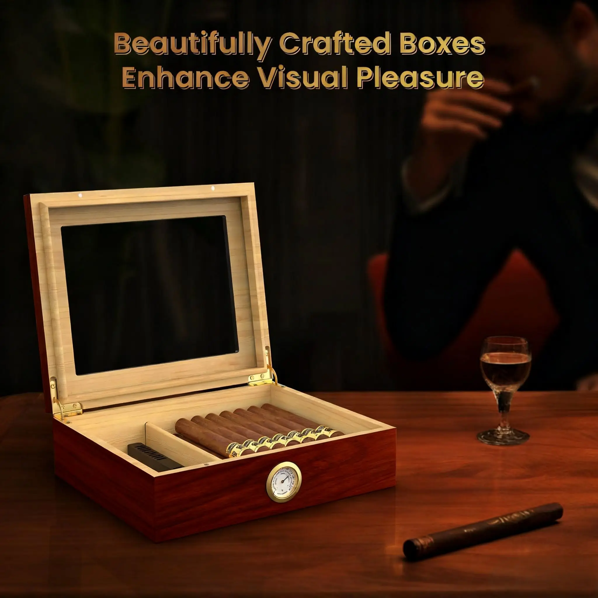 سيجار مرطب من الخشب الصلب مع سطح زجاجي، صندوق تخزين بسعة 30 سيجار مع مرطب رطوبة لديكور المنزل #3