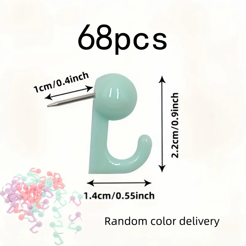 68 pcs Random Color Pushpin Hooks, Sturdy Hold, for Hanging Keys and Small Items on Corkboards and Photo Walls