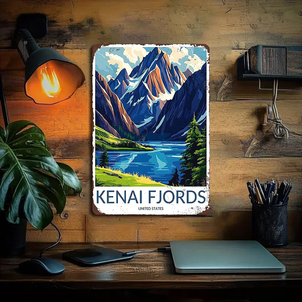 1pc Vintage Kenai Fjords Alaska Metal Tin Sign - Retro Travel Poster Wall Art with Scenic Mountain Landscape, Snow-Capped Peaks