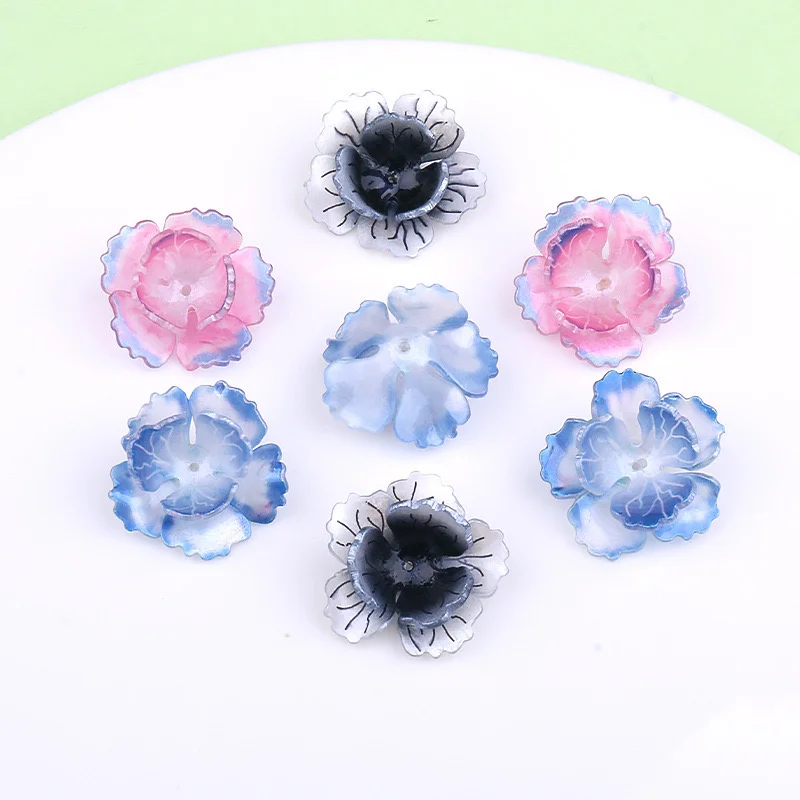 Summer style 50pcs/lot 26mm color pattern print cartoon camellia shape acrylic flowers beads diy jewerly accessory image 2