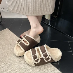 House Slippers Platform Flat Shoes Female Luxury Slides Flock Low Fur Flip Flops Designer Plush Rome with fur Rubber Fashion Bas