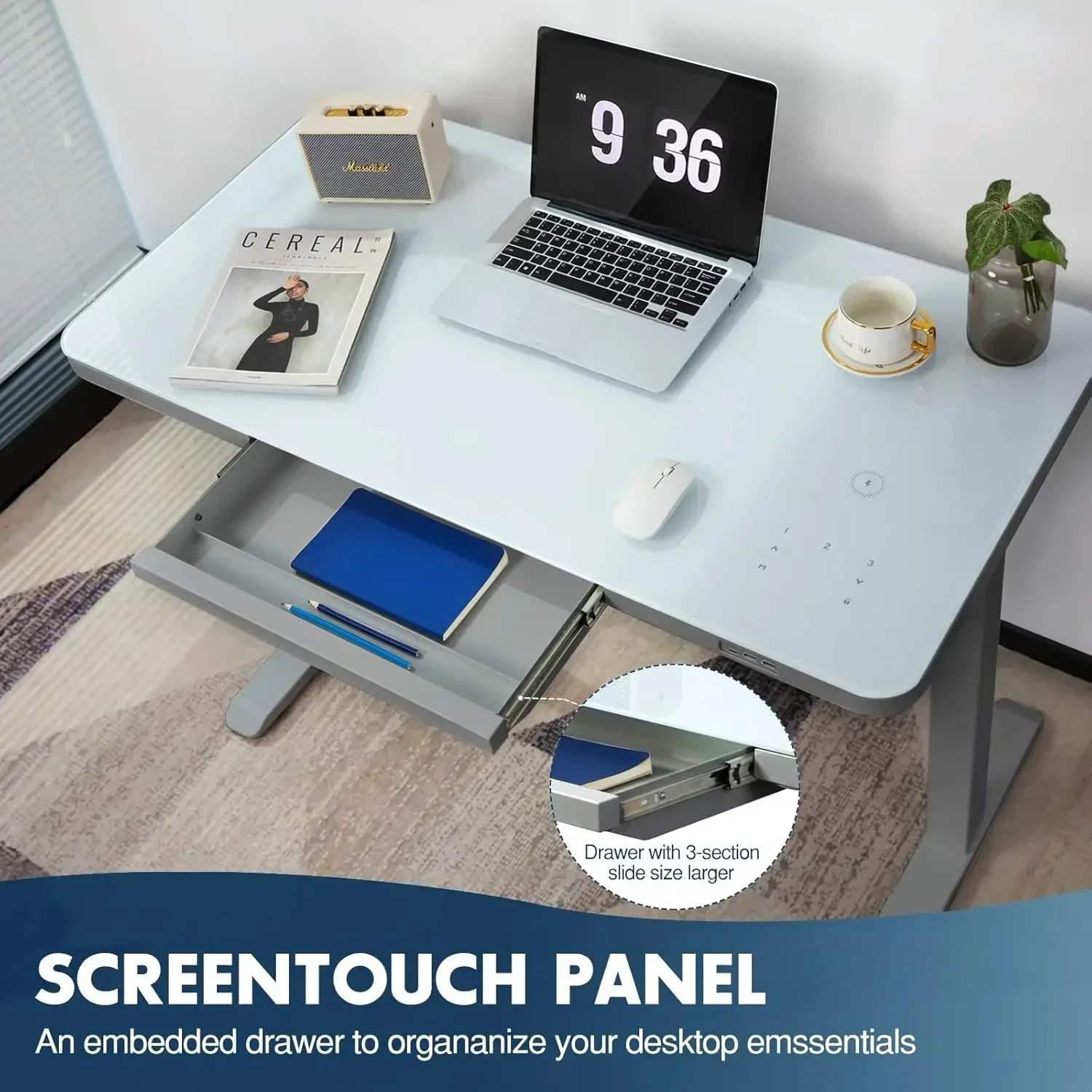 [بيع ساخن، مخزون محدود! ]مكتب قائم كهربائي من الزجاج مع أدراج، مكتب قابل للتعديل بارتفاع كهربائي بمحرك مزدوج 45 بوصة، يعمل باللمس C