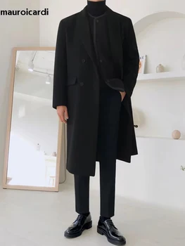 Men's Camel Wool Blend Coat 5 Mauroicardi Autumn Winter Long Warm Camel Black Woolen Coat Men Double Breasted Korean Style Wool Blends Overcoat with Back Slit 5