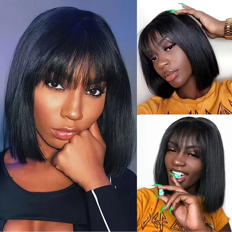 Straight Human Hair Bob Wigs With Bang Full Machine Made Wigs 3x1 Middle Part Lace Wig Brazilian Natural Color 16 Inch For Women image 6