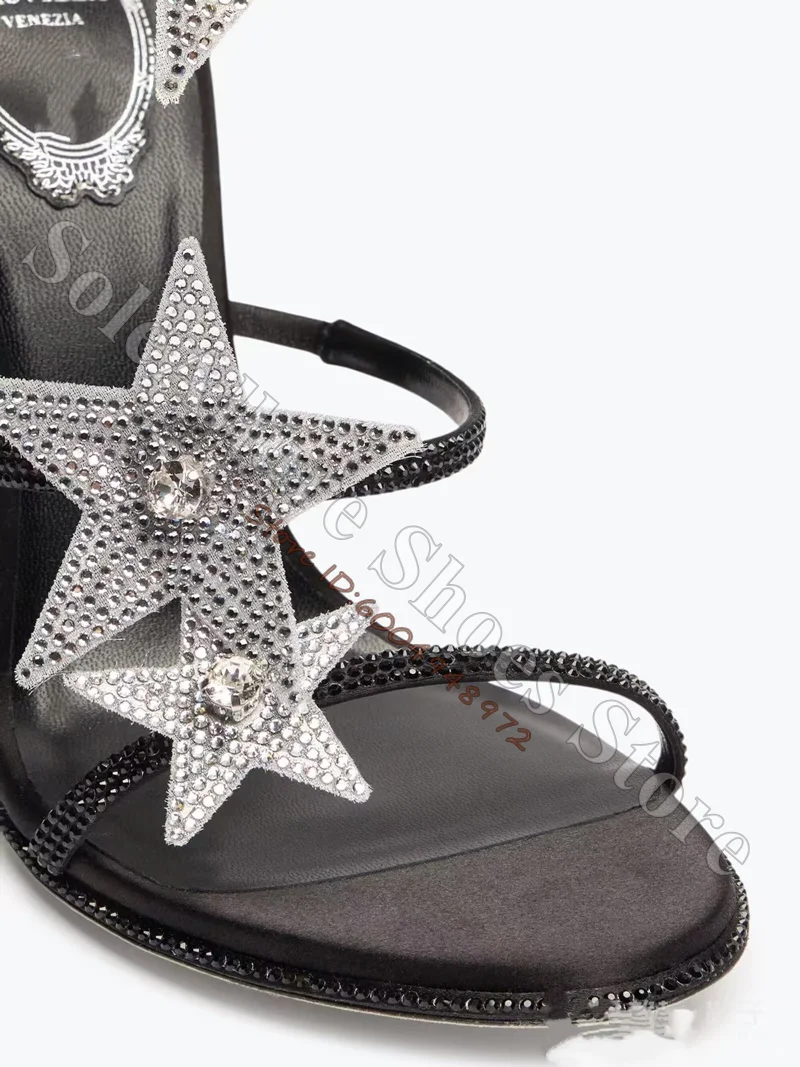 Rhinestone Star Spiral Ankle Strap Stiletto Sandals Women Open Toe High Heel Glitter Pentagram Wrap Around Leg Party Sandals