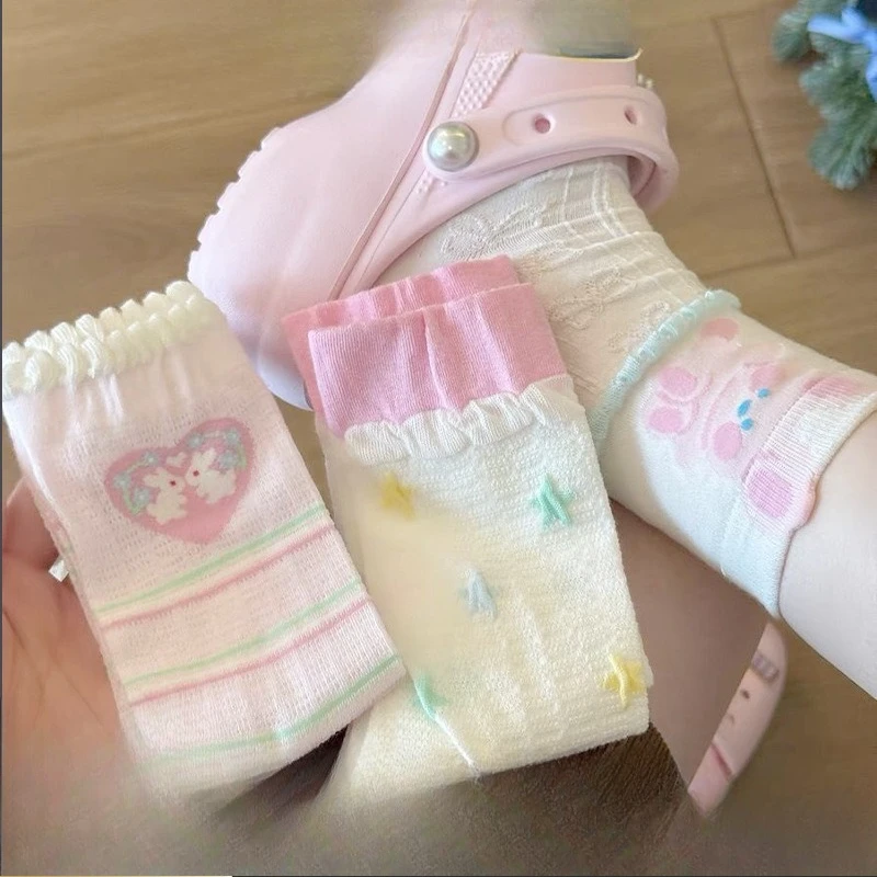 

Cute Girls Socks Mid Calf Thin Rabbit Breathable Lace Pink