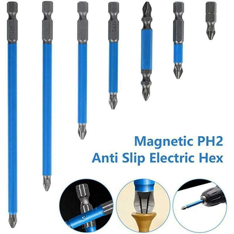 Chave de fenda magnética antiderrapante Bit Set, Hex Shank, Phillips, cabeça cruzada, broca PH2, 50mm, 1/4 ", 7Pcs