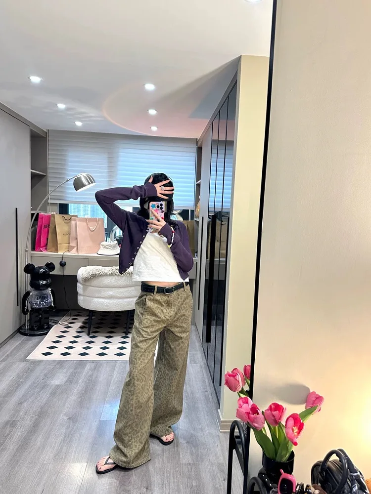 

Fashionable Grey Tone Leopard Print High Waist Slim Straight Casual Jeans Korean Style Floor-Length Wide Leg Pants
