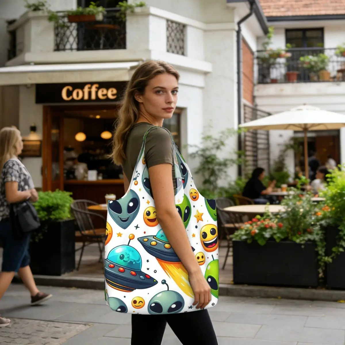 Green Alien And UFO Pattern Shopping Tote Bag Canvas Large Capacity Shoulder Bags Shopper Grocery Handbag for Women