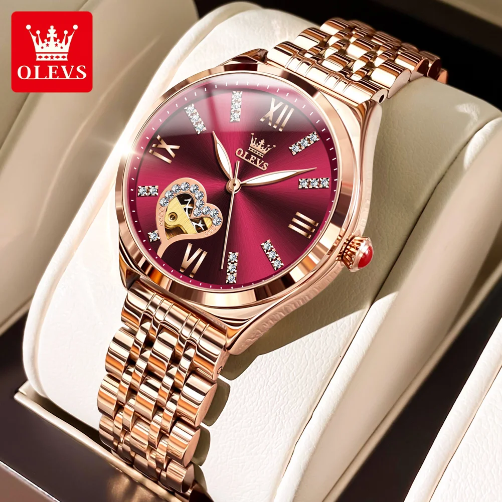 

OLEVS Brand New Fashion Wine Red Mechanical Watch for Women Rose Gold Stainless Steel Strap Luxury Diamond Hollow Watches Womens