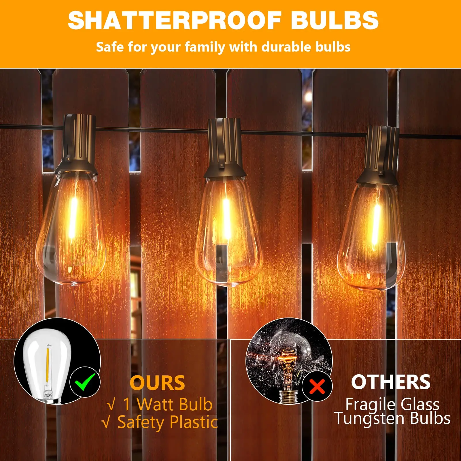 Imagem -05 - Shatterproof Plástico ao ar Livre Luzes Cordas Luzes do Partido Ip65 Impermeável Pátio Luzes String St38 50 Leds 50 Lâmpadas