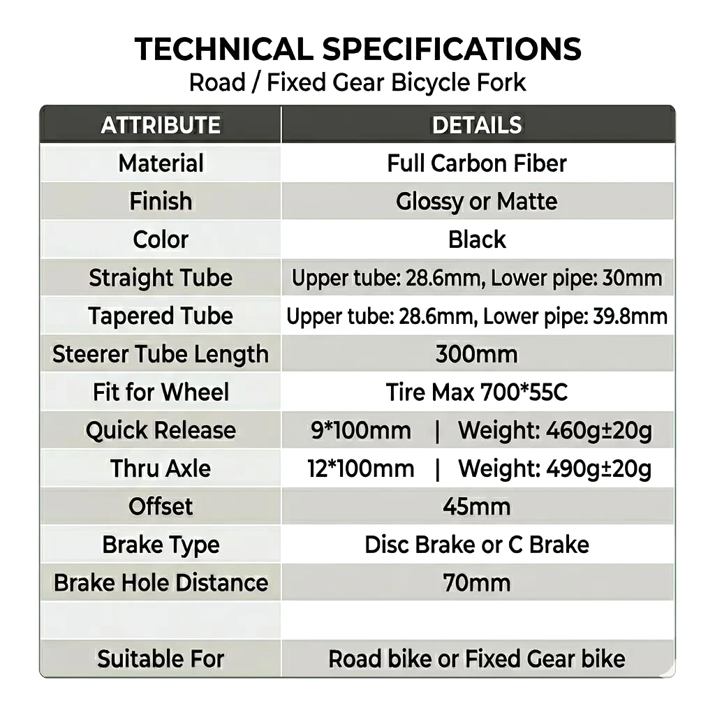 Bicycle Front Fork Road Bike Gravel Fork 700C*55C Ultralight Carbon Fiber Rigid Fork Disc Brake Steerer Tube Straight or Tapered