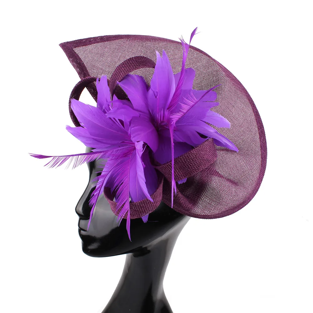 

Church Wedding Purple Bow Fascinators Women Elegant Ladies Headwear Fedora Caps Hats Hair Clip Feather Decoration Headpiece