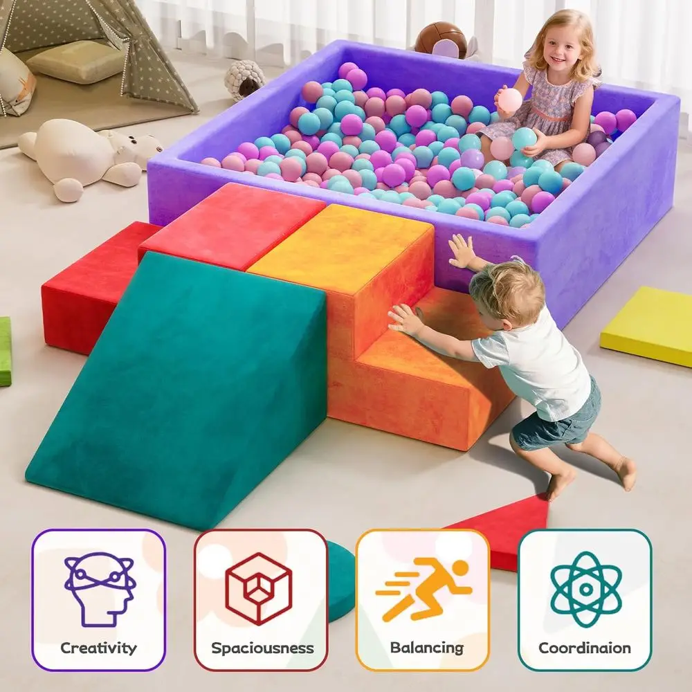 Morbidi blocchi da arrampicata per bambini con pozzo per palline, set in schiuma da 8 pezzi per età 1-3, gioco al coperto con forme e rampa