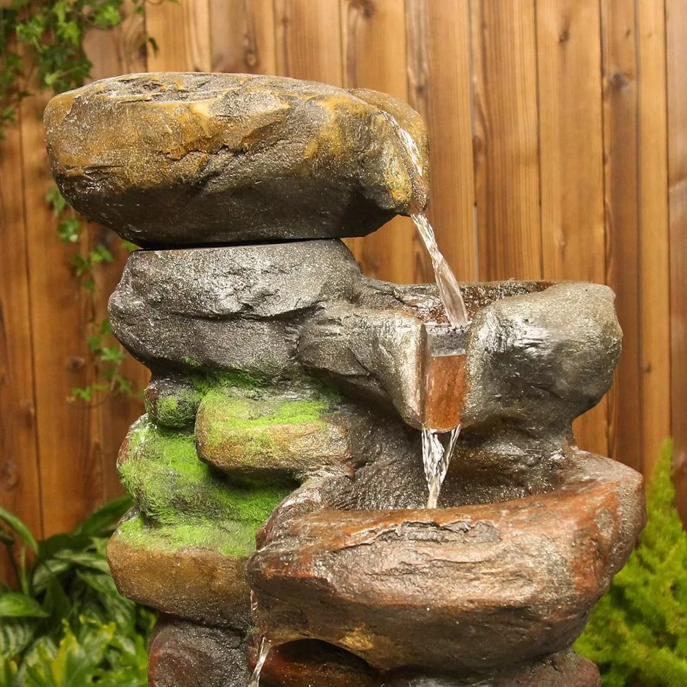 Stacked Outdoor Floor to Ceiling Rock Fountain with LED Lights, Natural Stone Appearance, 37.4 in High, 6-Story