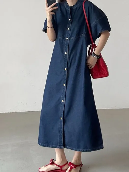 

Retro Korean Japanese Sle Stand Collar ort Sve Denim Dr Women's Summer New Hong Kong Sle Elegance Single Button L...
