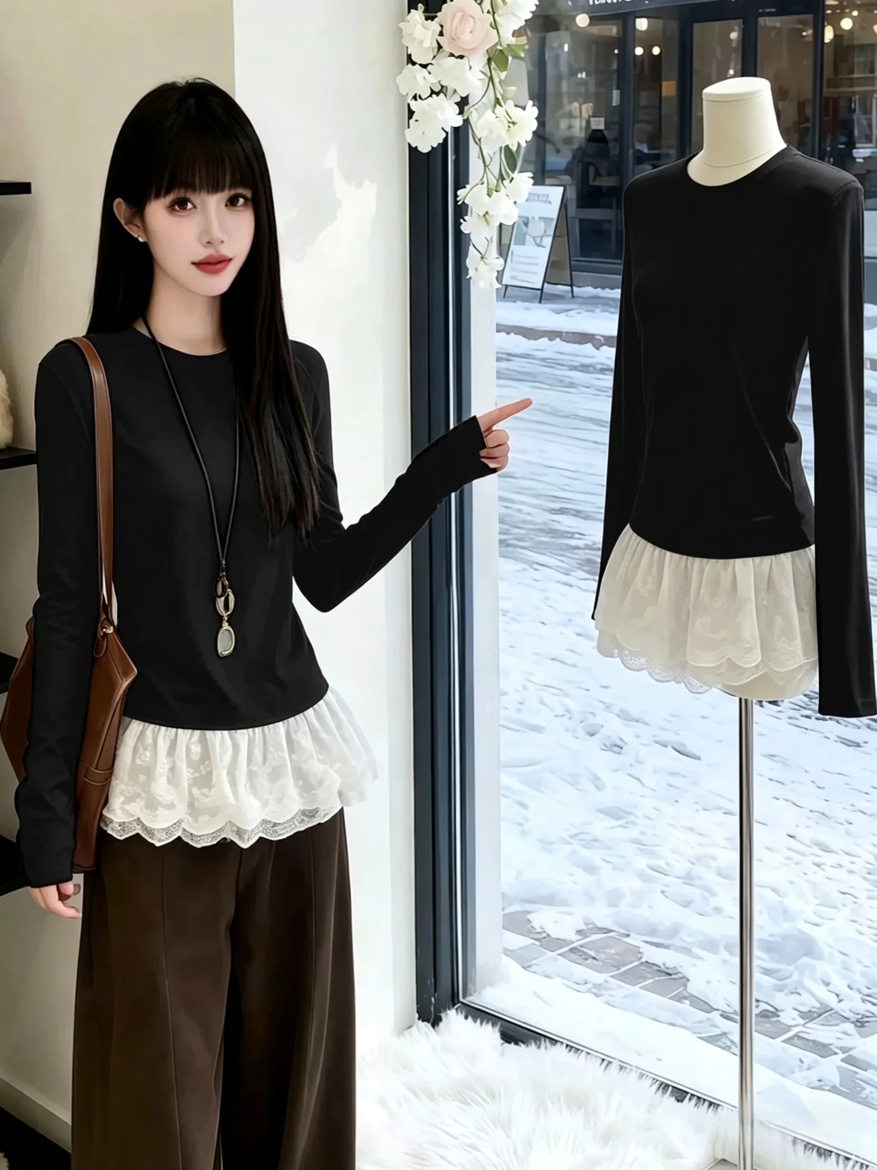 

95 Cotton Lace Splice Long Sleeve round Neck T-Shirt Women's Spring Autumn New Style Outerwear Base Shirt Inner Wear Top