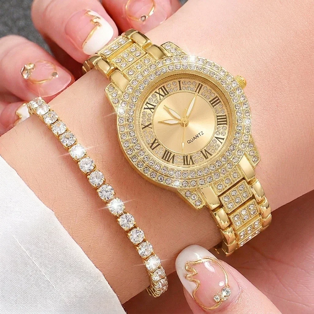 Bling Gold Women Watch Set Full Diamond Roman Dial Quartz Wristwatch Rhinestone Bracelet 2Pcs Ladies Jewelry Gift