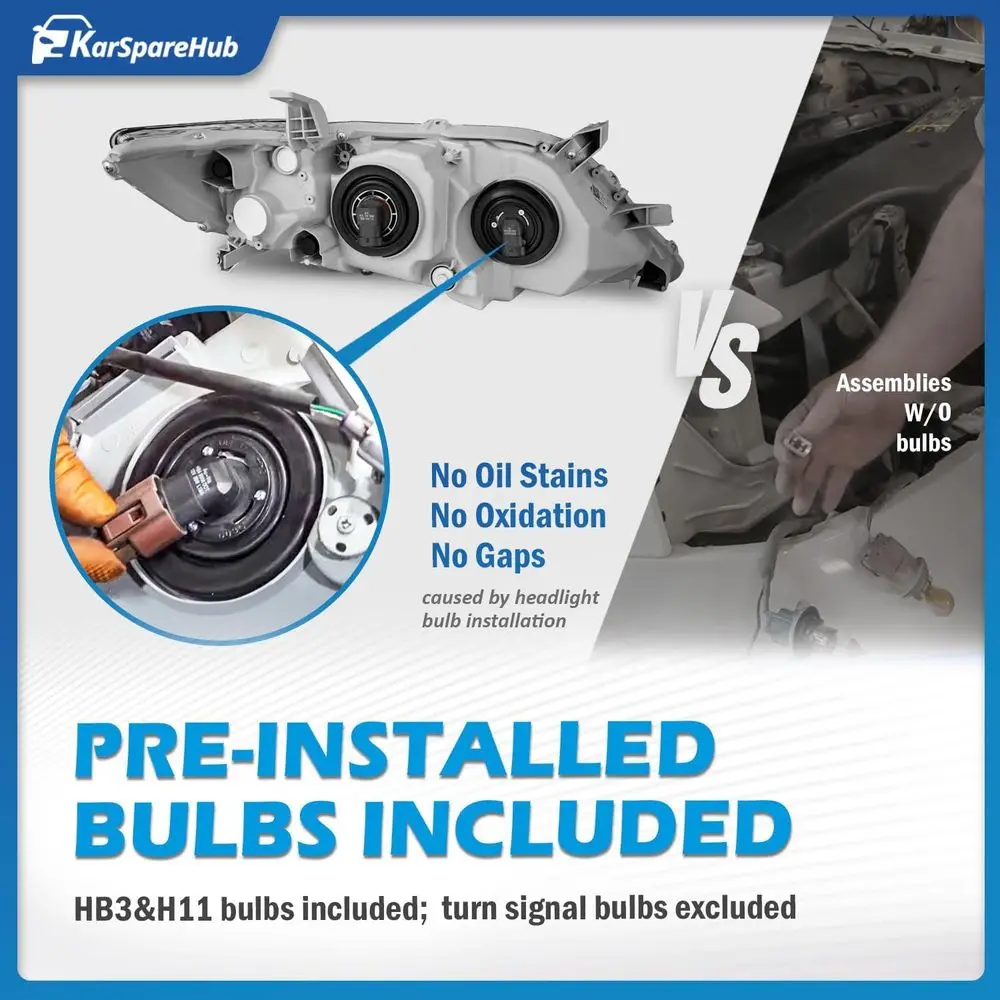 Reflektory halogenowe do Toyota Camry SE/LE Base Sedan z lat 2010-2011 - światła drogowe/mijania, żarówki w zestawie, wersja amerykańska, nie do modeli hybrydowych.