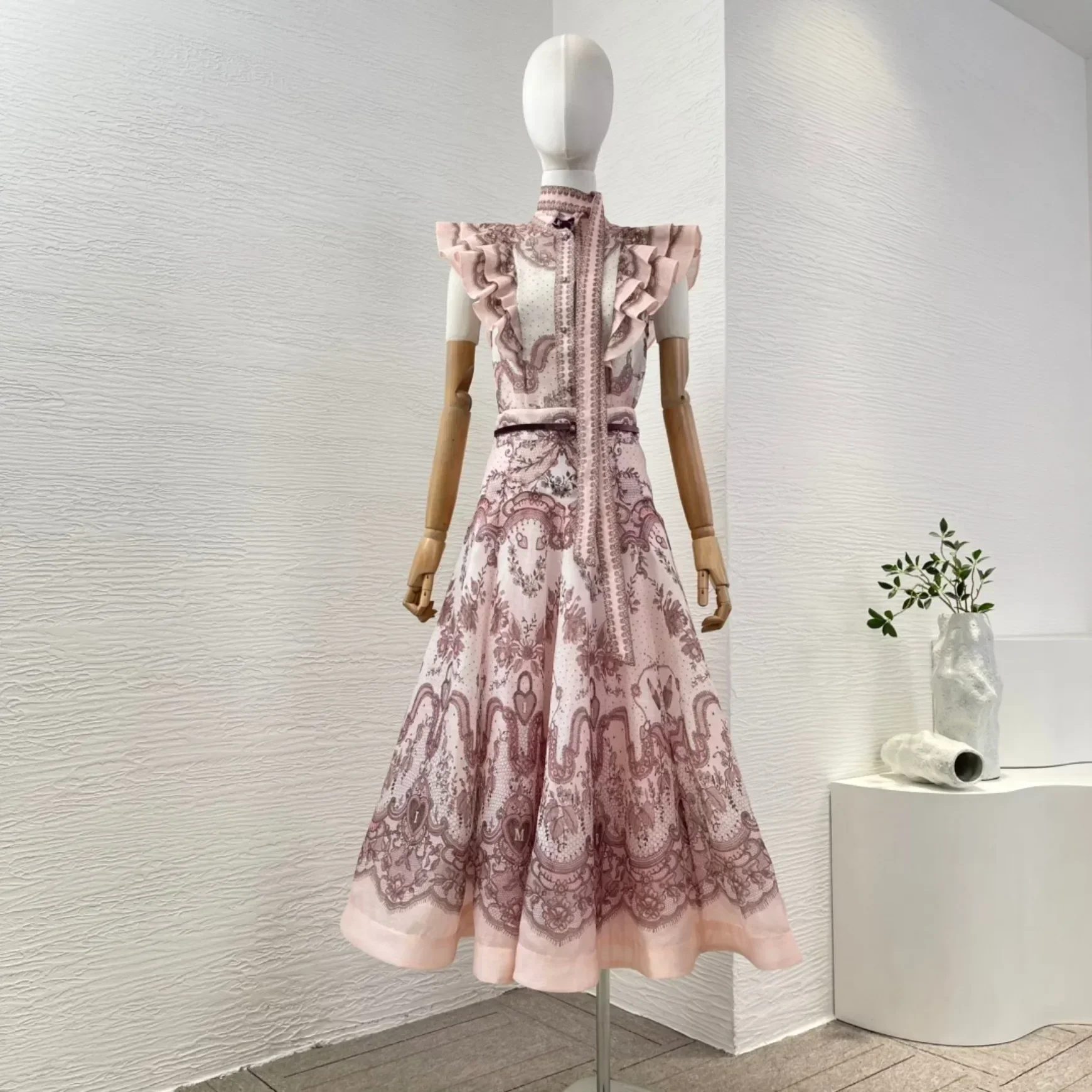 

2025 New Collection Women Outfit High Quality Holiday Linen Silk Floral Print Pleat Ruched Ruffles Top Blouse and Midi Skirt Set