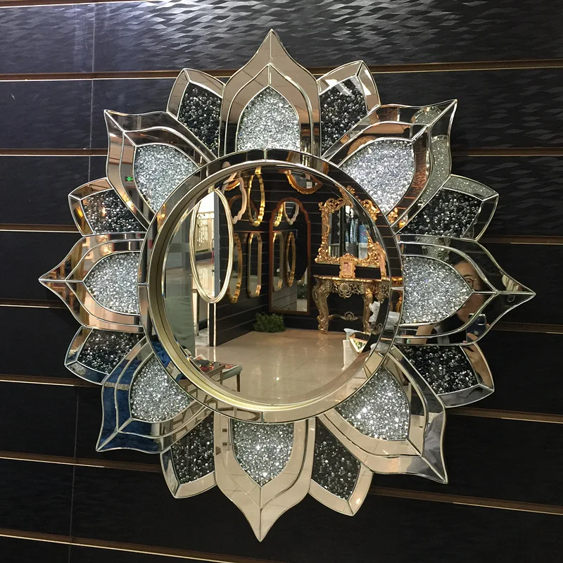 Diamond inlaid sun shaped Venetian decorative mirror living room entrance wall hanging mirror silver mirror manufacturer