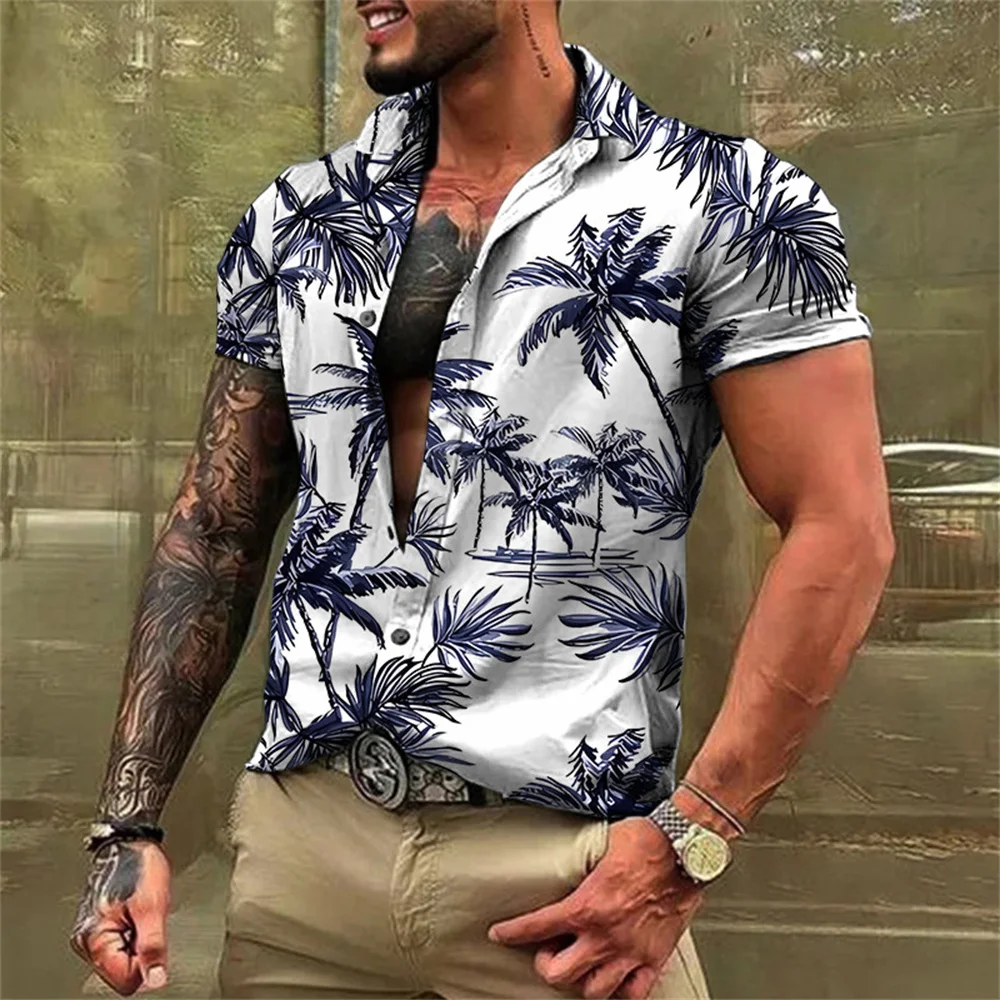 2023 New Men\'s Hawaiian Beach Short Sleeve Shirt with Coconut Tree Print Pattern Men\'s Street Casual High Quality Polo Top