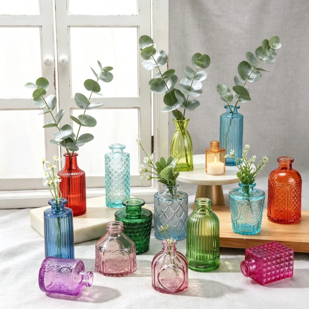 Multi color Embossed Mini Glass Flower Vase Retro Hydroponic Bud Vase Aromatherapy Bottle Home Window Wedding Decor
