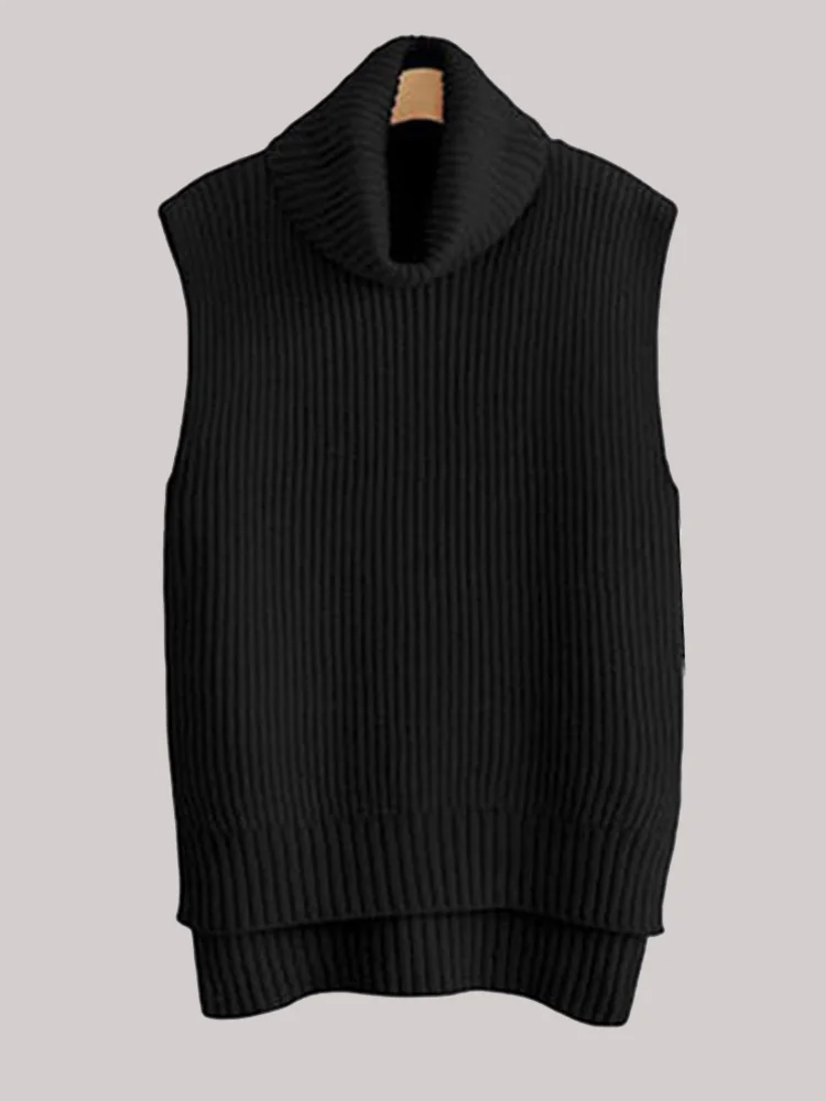 Autumn And Winter New Turtleneck Sweater Cashmere Vest Women\'s Sleeveless Female Sweater Vest Large Size Vest Loose Slit  Wool