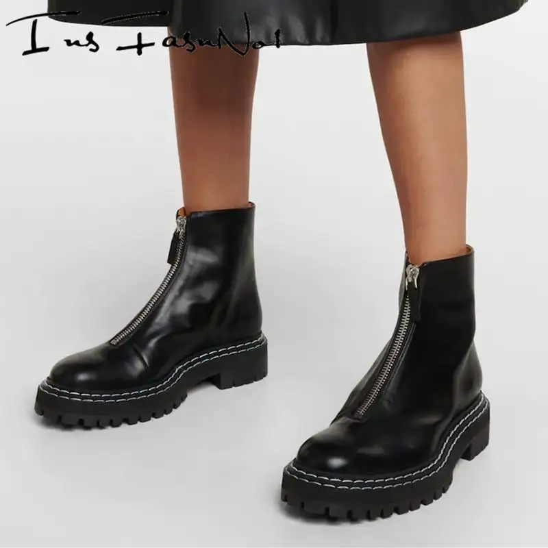 Front Zipper Chunky Platform Ankle Boots Women Sewing Punk Motorcycle Boots Black Leather Flat Shoes Female Fashion Short Botas