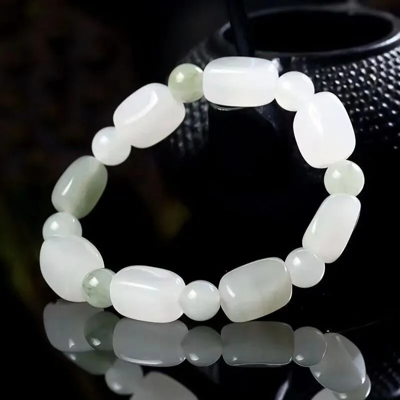 Tianshan Jade Bracelet Women's Floating Flower Jade Color Old-shaped Bucket Bead Single Circle Jade Bracelet.