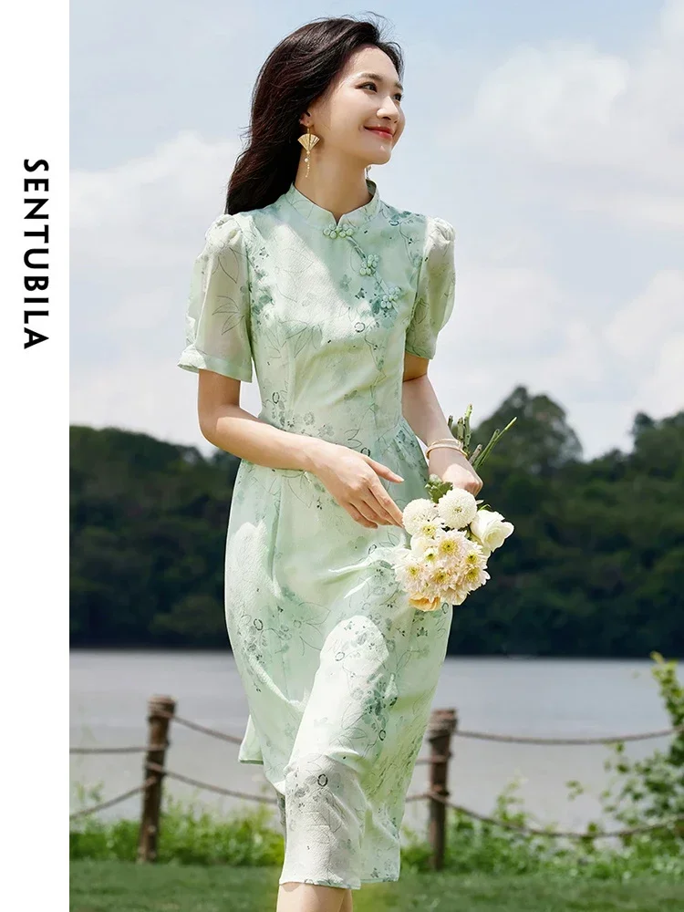 

SENTUBILA Floral Printed Midi Silk Dresses For Women 2025 Spring Summer Stand Neck A-line Chinese Style Elegant Dress Q32L50728