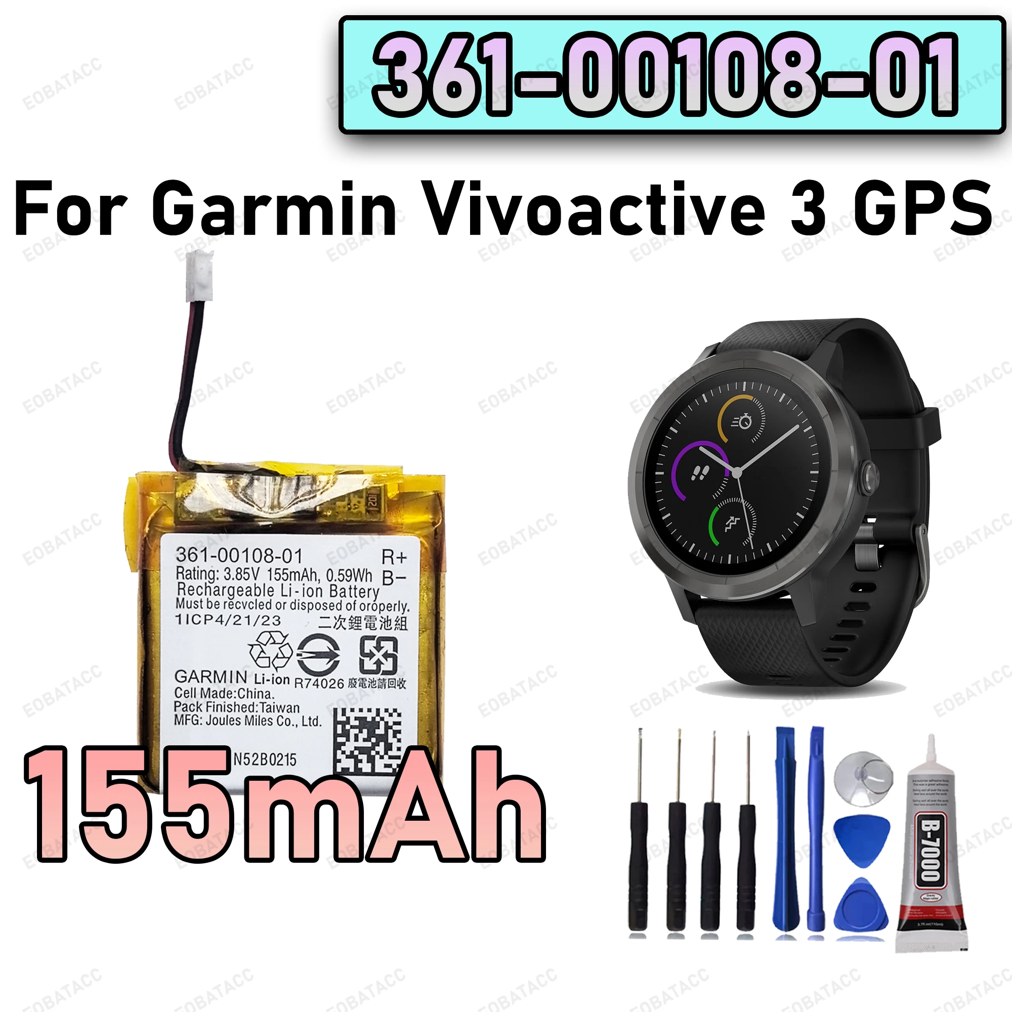

100% New Zero Cycle 361-00108-01 Battery For Garmin Vivoactive 3 GPS Watch 155mAh Bateria +Free Tools