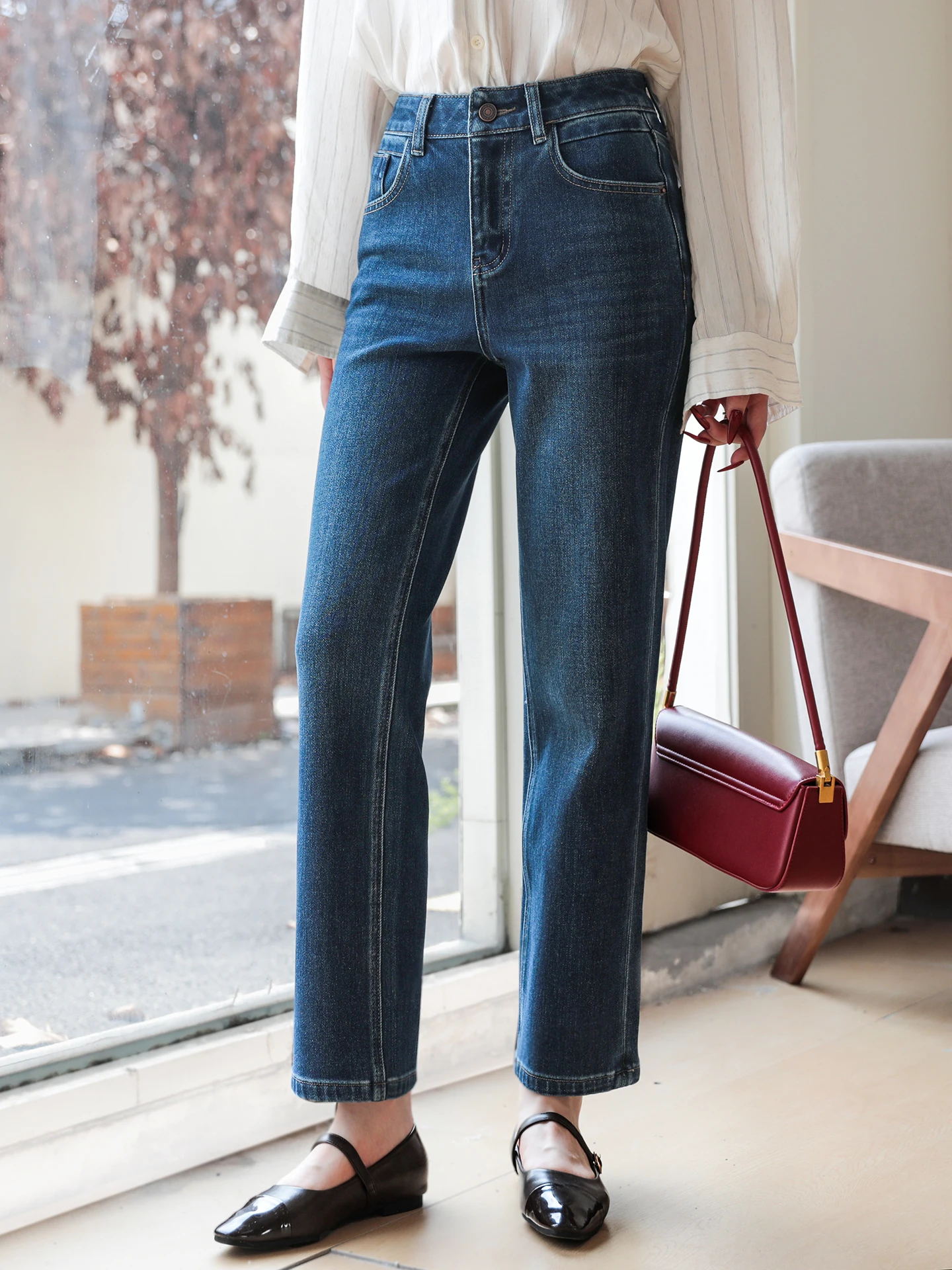 Retro High Waist Straight Leg Nine-Tenths Bell Bottom Deep Blue Jeans Women's Slimming Versatile Small Size Fit Pants