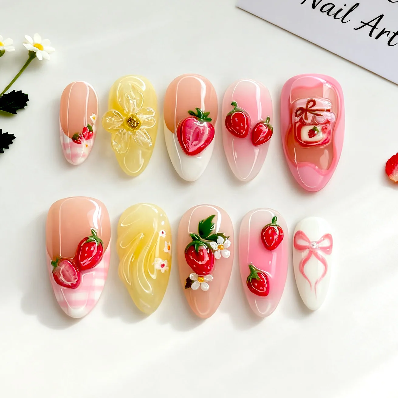 

24PCS Almond Shape Wearable Armor 3D Cute Strawberry Drawing Hand-pating Dot Diamond High End Manicure Fake Nails Press on Nails