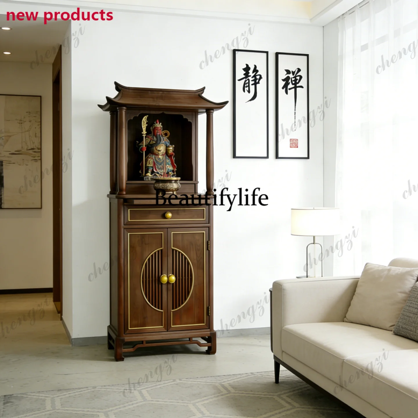 A68New Chinese-style solid wood offering Buddhist niche household living room Buddha statue Guan Gong statue offering cabinet