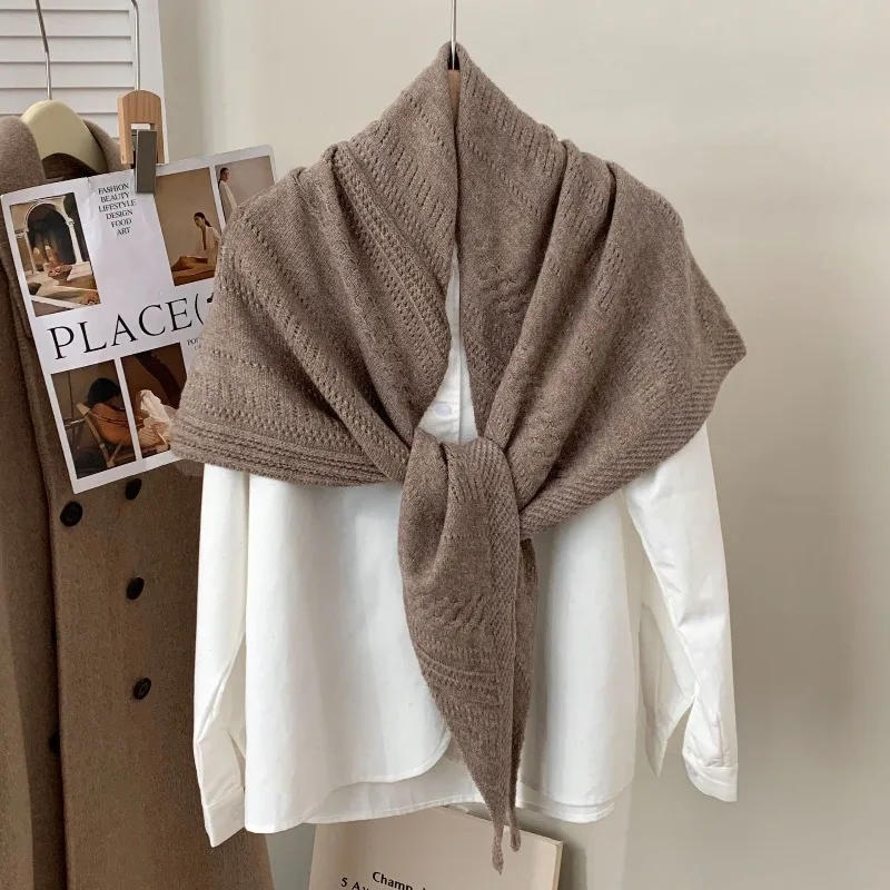 

Шерстяная шаль для осени и зимы, новая, ажурная, однотонная, многофункциональная, вязаная треугольная шаль-шарф, теплая шаль для шеи, верхняя одежда.