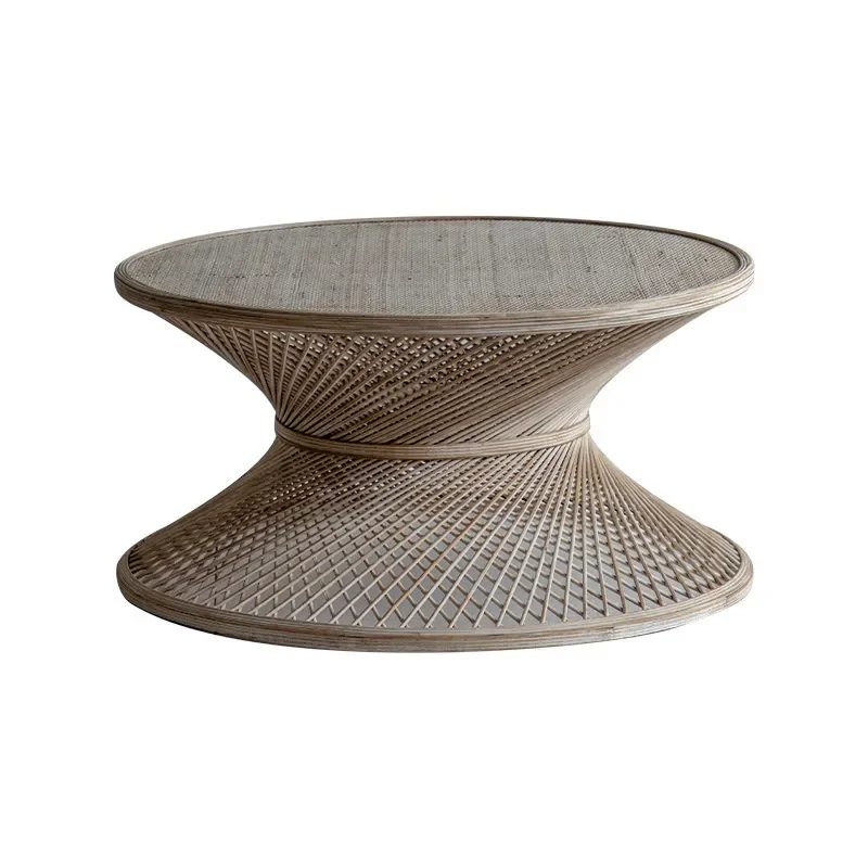 American Retro Rattan Coffee Table Round Bamboo Side Table for Living Room Balcony Hotel B&B Furniture Tea Desk