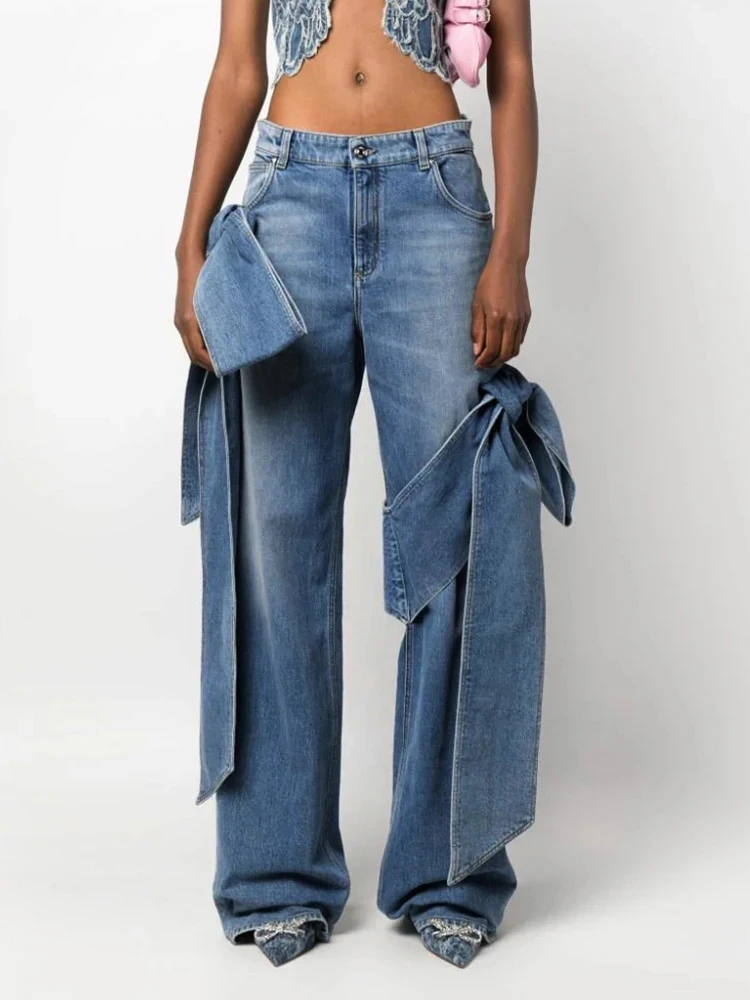 2024 Autumn New Women's Jeans Y2k Three-dimensional Bow Decoration Wide Leg Jeans Vintage Washed Loose Straight Pants