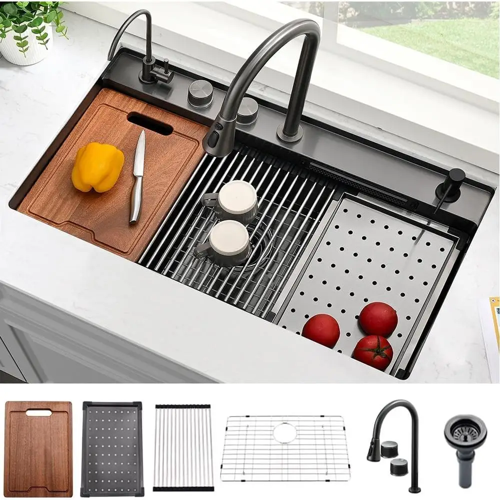 33 Inch Undermount Kitchen Sink Workstation Stainless Steel Waterfall Sink with Pull Out Faucet Multi-functional Accessories