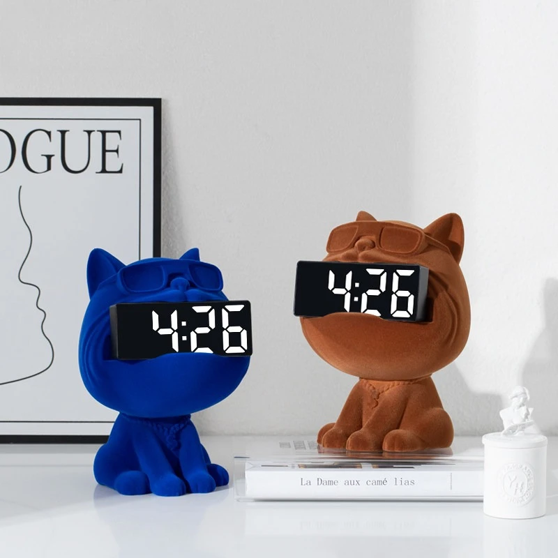 

Nordic Flocked Dog Clock Resin Ornament Modern Home Decor for Living Room TV Cabinet Bedroom Unique Luxury Desktop Decoration