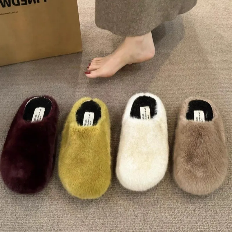 Baotou half slippers women's shoes autumn and winter thick soled woolen shoes wear warm and comfortable single shoes