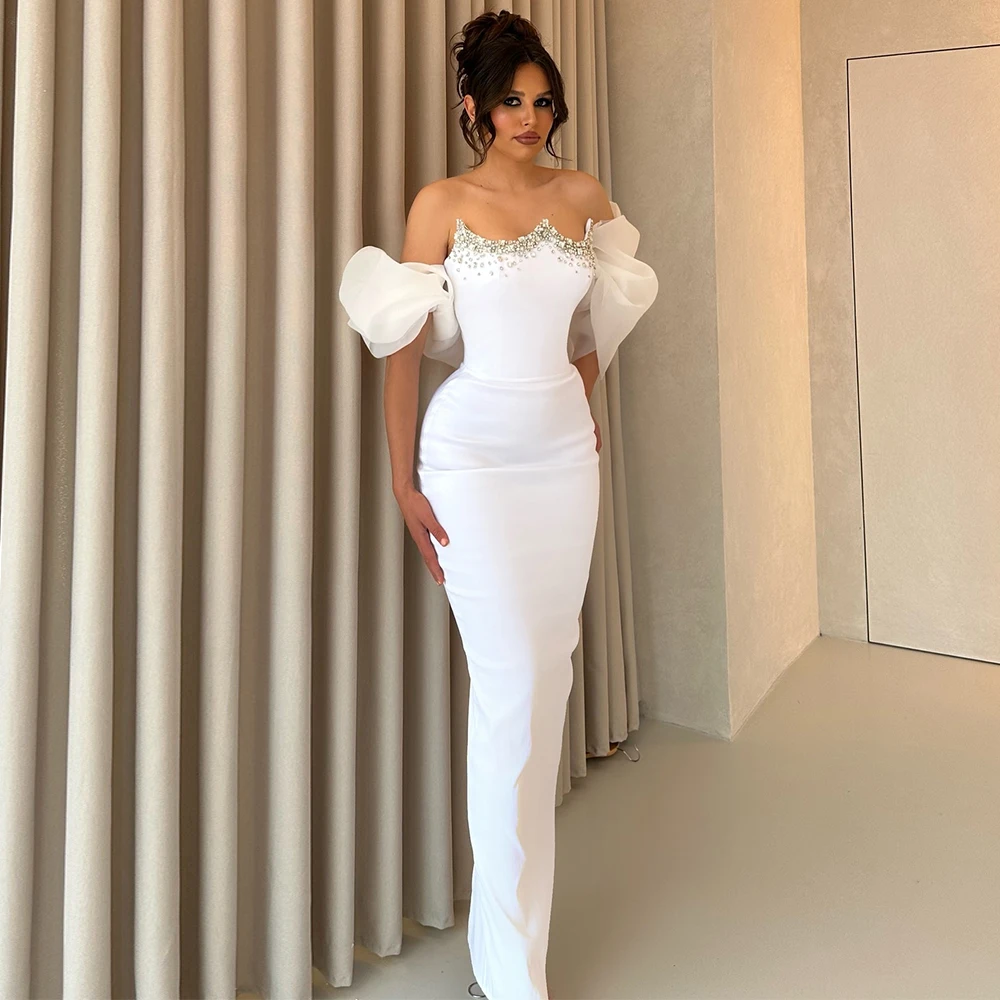 

Luxurious Women's Evening Dresses Crepe Fabric Sheath/Column Party Dress White Sweetheart Rhinestones/Crystals Prom Dress Long